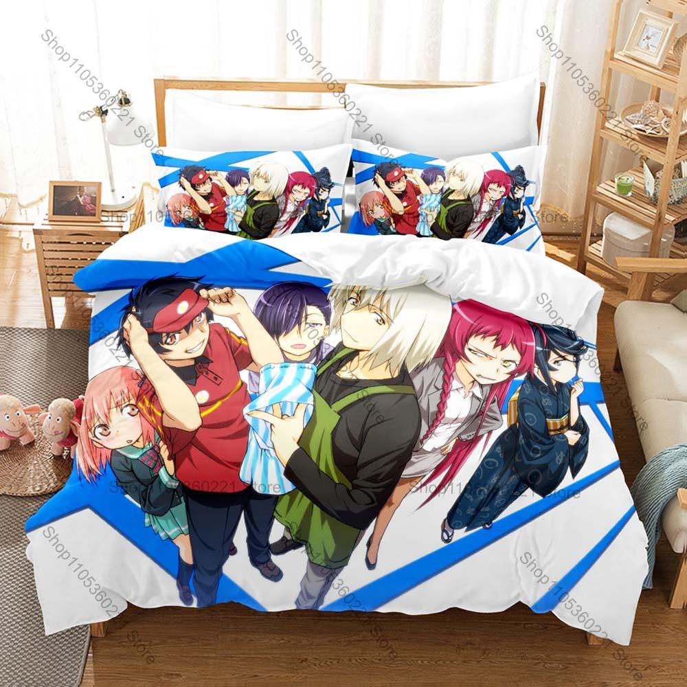 Cool Hataraku Maou Sama Bedding Set Duvet Cover 2 Pillowcases Isekai Comedy Anime Maou Sadao Emi Yusa Fast Food Casual Bedroom D