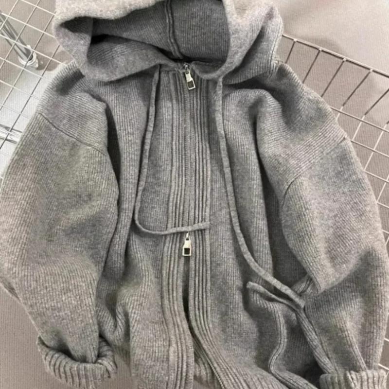 Gray Hooded Sweater Coat Autumn Winter Double Zipper Long Sleeve Loose Fashion Korean Soft Thickened Knitted Tops Coats