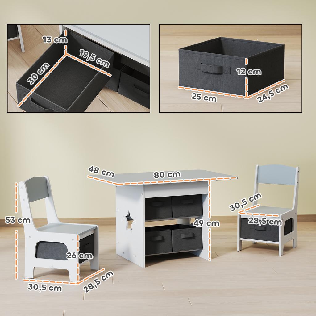 Kids Table and Chair Set, Toddler Table and 2 Chairs Set with 6 Removable Drawers, for Boys Girls Ages 3-8, Light Grey