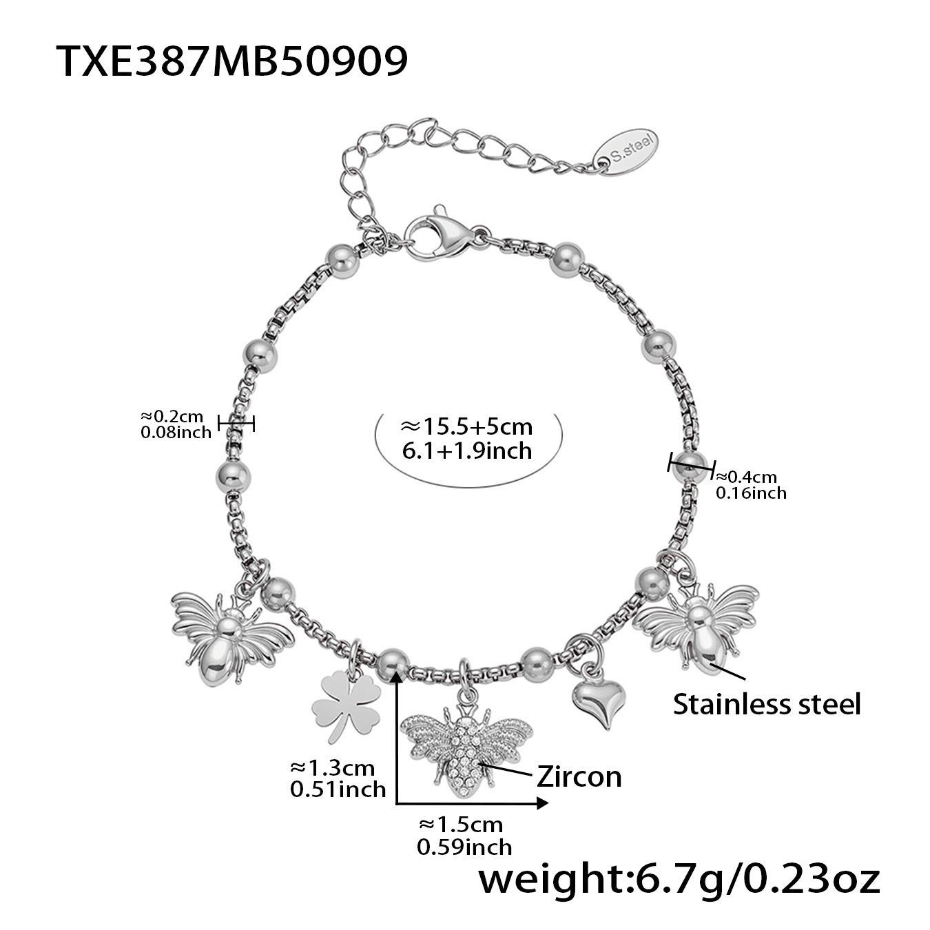 Qiong Yao 5A Cubic Zirconia Little Bee Pendant & Bracelet Set, 18K Gold Plated Stainless Steel Jewelry.