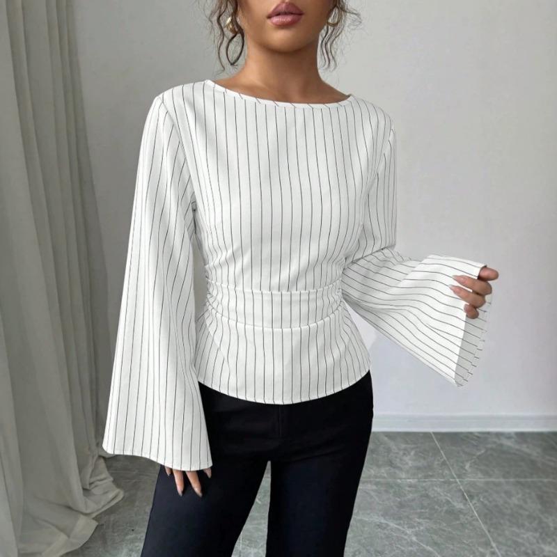 Women S Autumn Striped Flared Sleeve Round Neck Casual Shirt