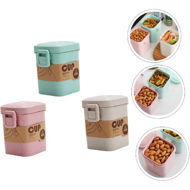 Cabilock 3pcs Wheat Straw Soup Cup Microwaveable Porridge Breakfast Cups with Sealed Lid Square School Picnic Green Beige Pink