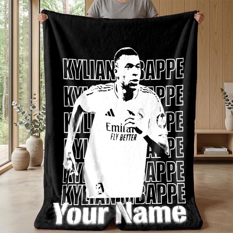 Kylian Mbappe Custom Name Text Flannel Blanket Soccer Logo Personalized Fleece Throw Blanket Special Gift For Sofa Bedroom Home