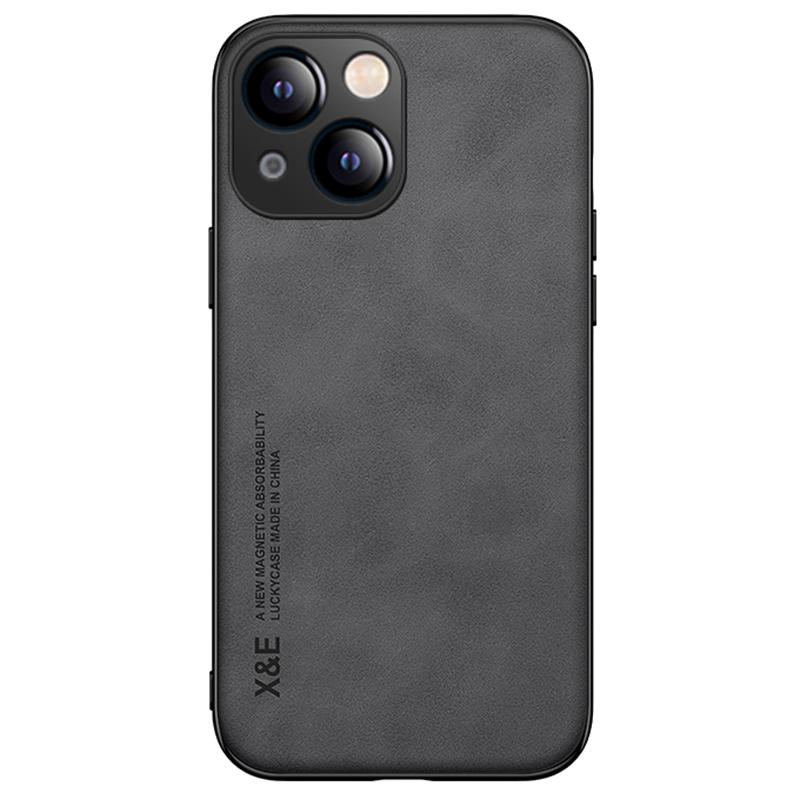 

X&E For iPhone 13 mini 5.4 inch Skin-touch Phone Cover Leather Coated TPU Case with Built-in Magnetic Holder Metal Sheet Dark Grey