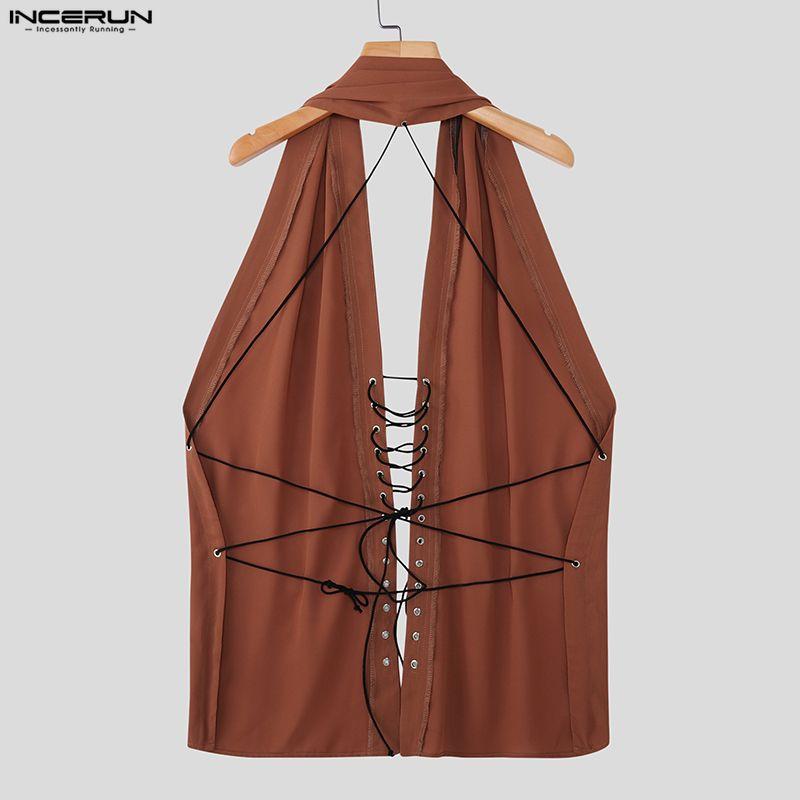 INCERUN Hauts de soirée basiques pour hommes, à col bénitier, sans manches, style bandage, dos nu, débardeurs