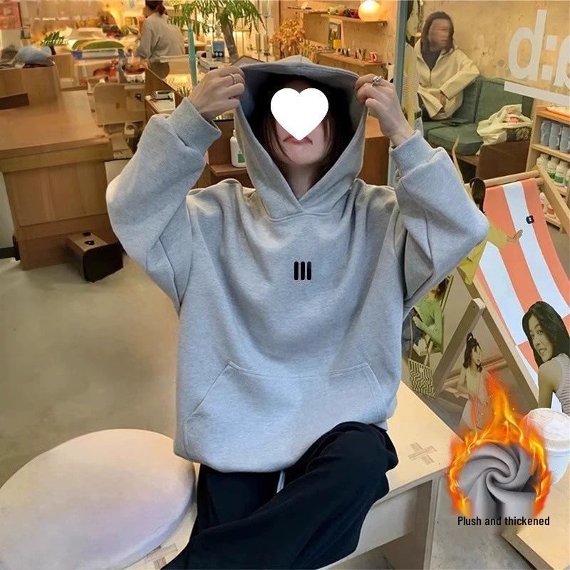Women's Fleece-Lined Embroidered Hoodie, Thick Loose Fit, Long-Sleeve, White/Gray, New 2025 Style for Autumn/Winter.