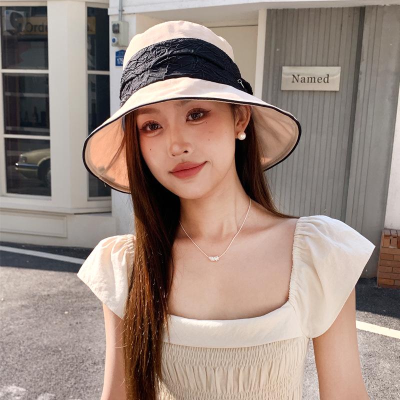 

Spring and autumn hat women s color matching pleated bucket hat literary sunscreen visor average size