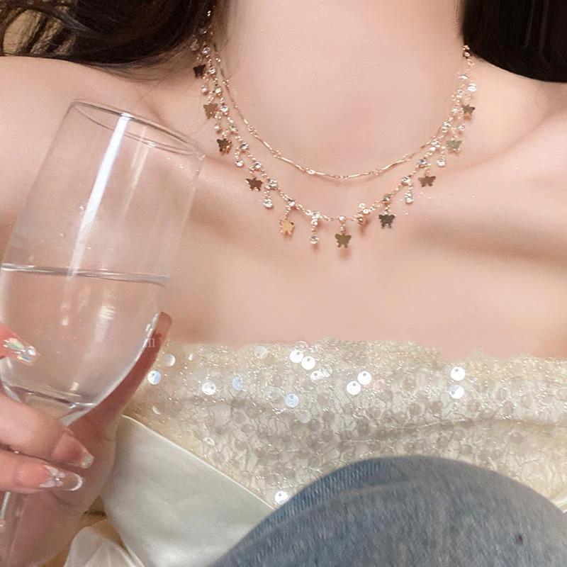 Boho Crystal Shell Pendant Necklace For Women Double-Layer Butterfly Chain Jewelry Accessory Beach Party Gifts