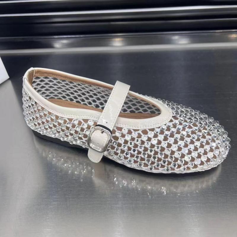 Fashion 2025 New Luxury Crystal Rhinestone Fishnet Ballet Flats Woman Brand Design Rivet Mesh Mary Jane Shoes Ladies Summer Loafers
