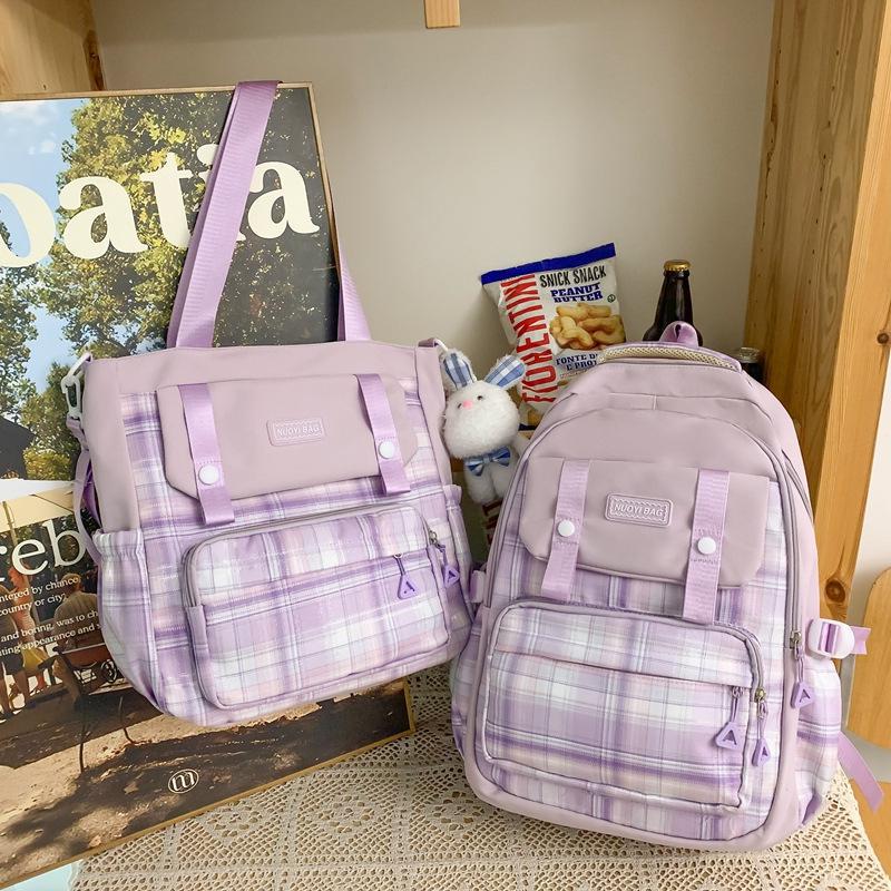 Schoolbag New College Style Women's Plaid Contrast Color Large Capacity Backpack Junior High School Students Elementary School Students Two-piece