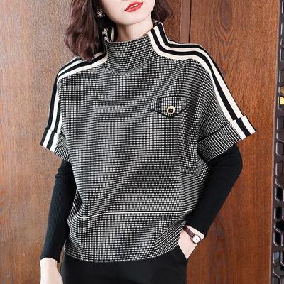 Jachetă Scurtă Tricotată Casual pentru Femei Toamnă Carouri Versatilă Stratificare Top Exterior Două Piese False