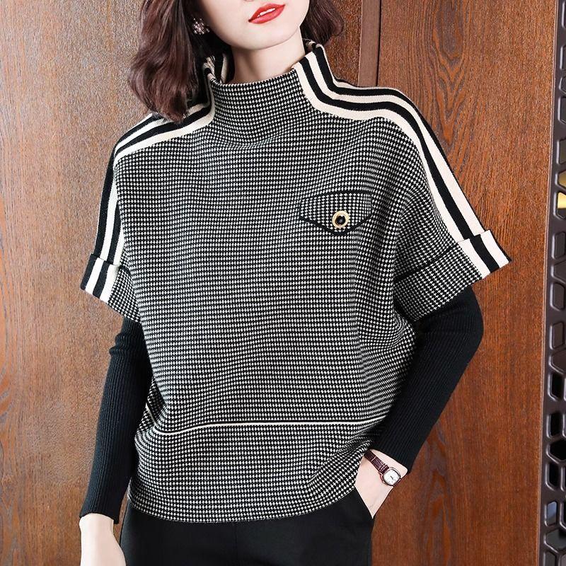 

Женская повседневная вязаная короткая куртка Осень Клетчатый Универсальный многослойный топ Верхняя одежда из двух частей XXXL