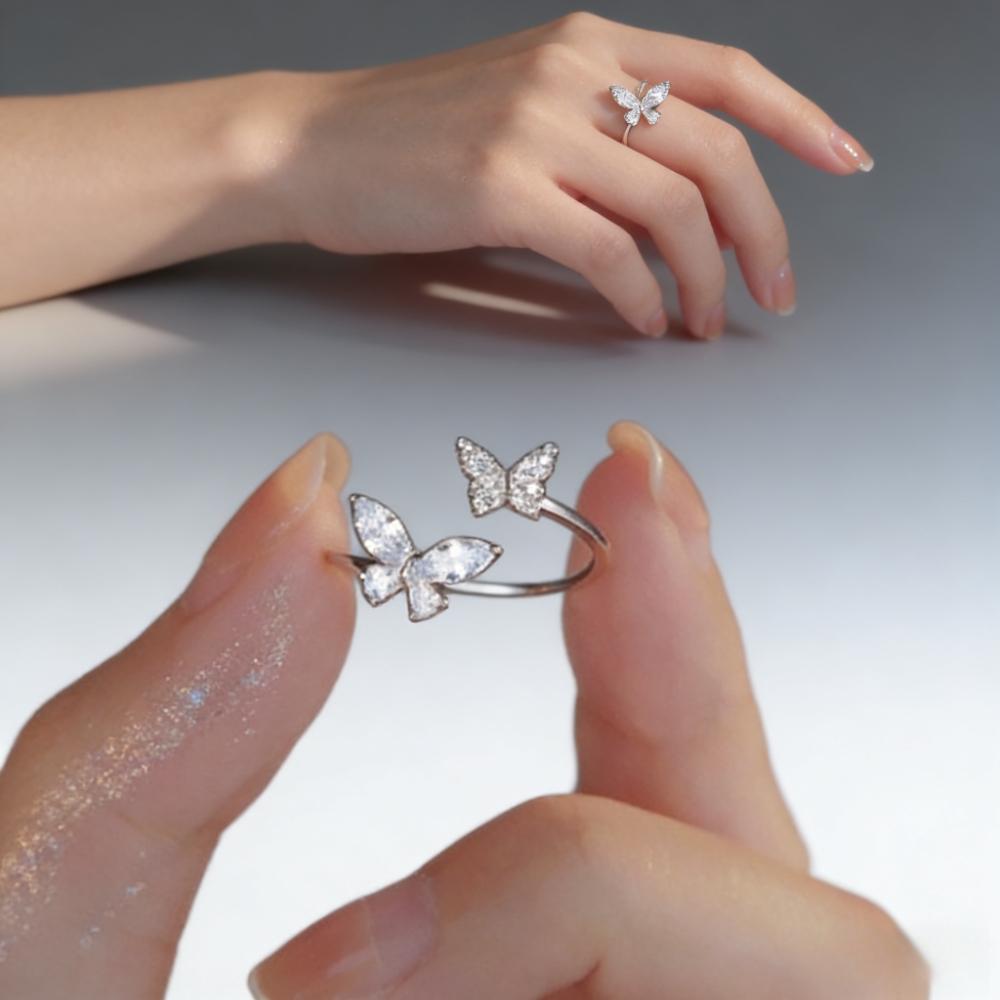 Exquisite Sweet Fresh Adjustable Butterfly Ring Women Open Acrylic Crystal Silver Zircon Finger Rings Kpop Party Fashion Jewelry