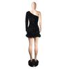 European & American Autumn/Winter Sequin Feather Dress with One-Shoulder Long Sleeve