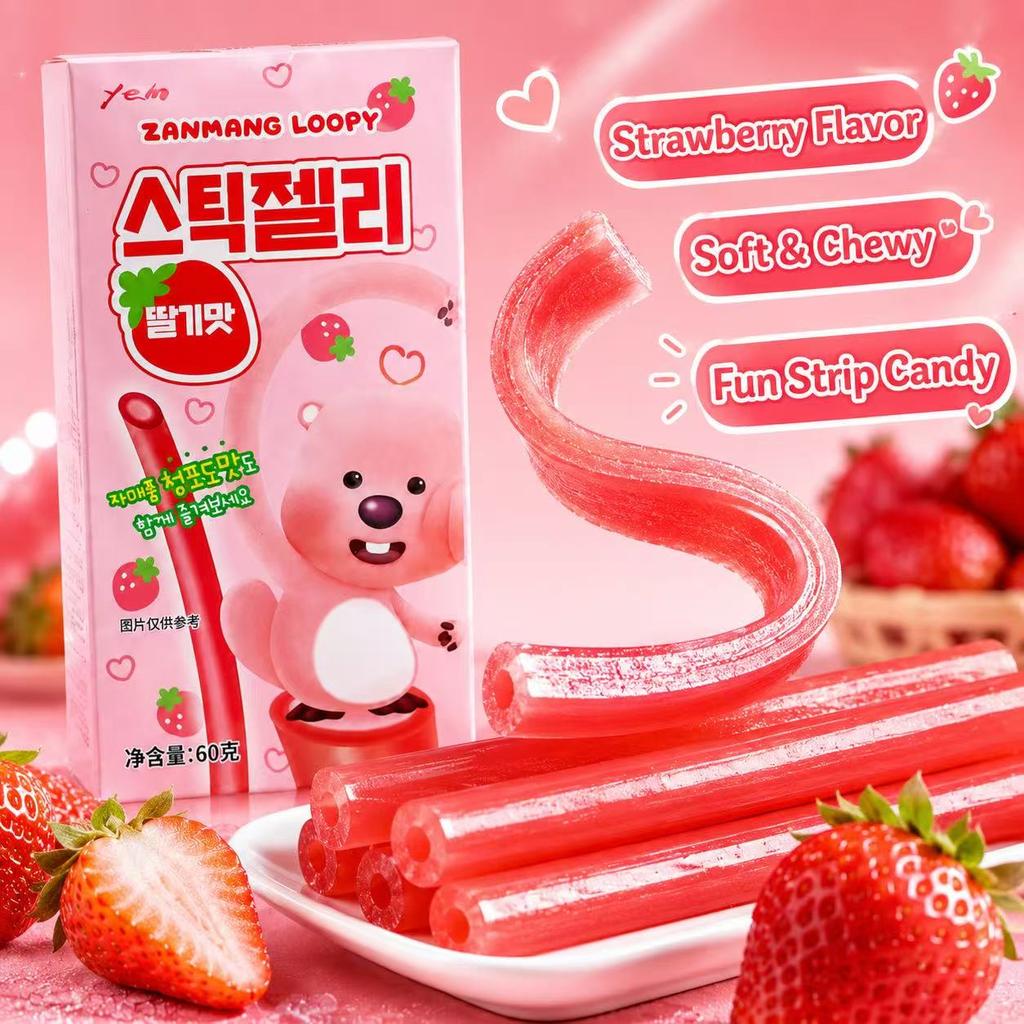 YEM Zanmang Loopy Strawberry‑Flavor Long Strip Candy 60g | Tangy Sweet Fruit Taste, Chewy Elastic Texture, Unique Strip Shape