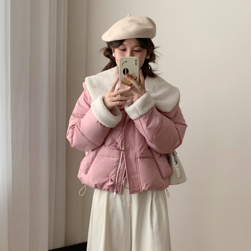 

Lapel horn buckle short cotton clothes women s autumn new loose small bread clothes jacket XXL розовый