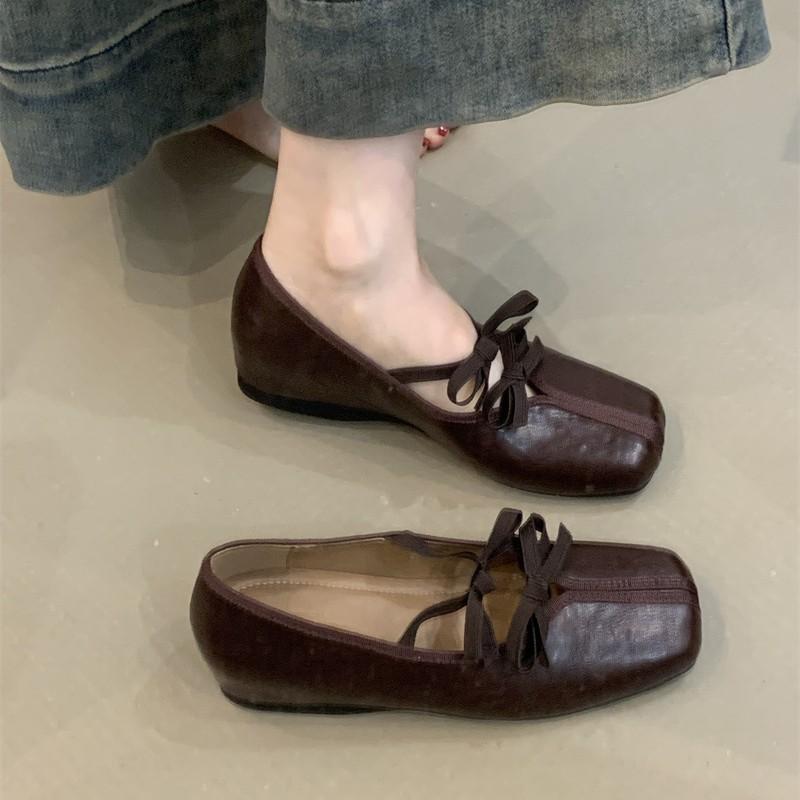 Retro Mary Jane Shoes Women's 2025 New French Temperament Double Bow Square Head Shallow Mouth Inner Height Increase Evening Shoes