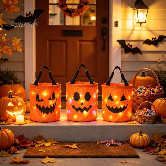 Outdoor Night Safety Props LED Light Up Halloween Bucket, Glow In The Dark Trick or Treat Candy Collapsible Decorative Pails Bag with Handle, Reusable