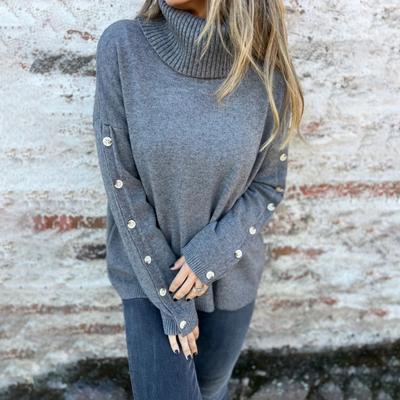 Damen Pullover Rollkragen Langarm Rippstrick Bündchen Strickoberteile Einfarbig Locker Saum Knopfdekor Strickware
