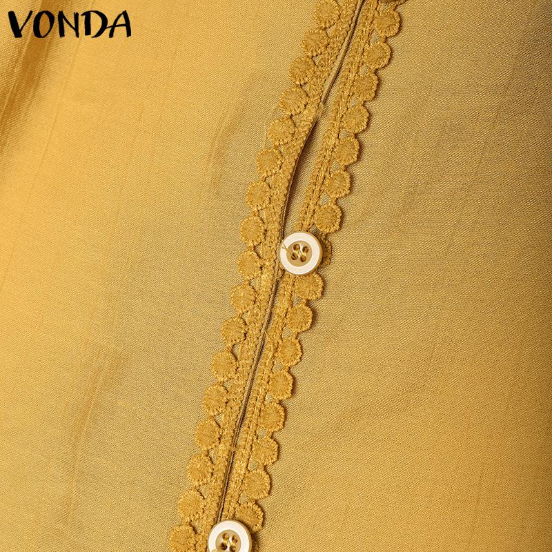VONDA Two Pieces Women Crochet Hem Buttons Blouse Elastic Waist Shorts Outfits