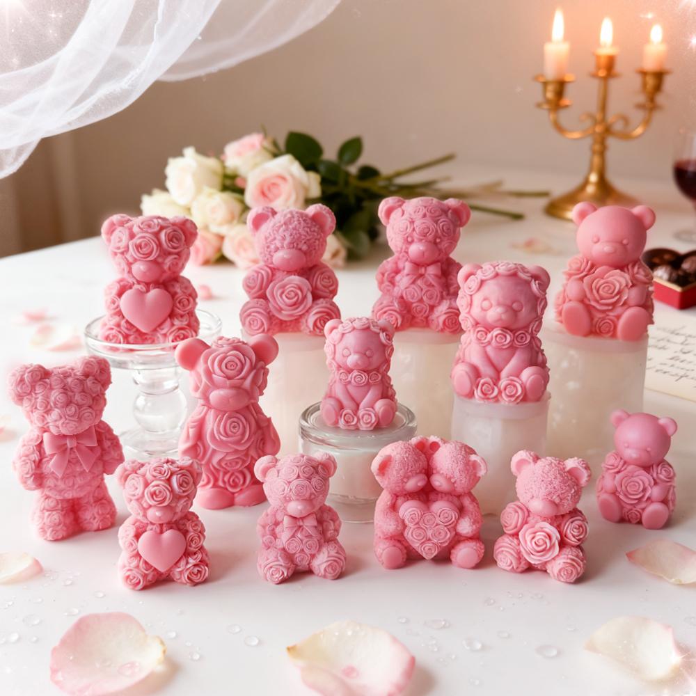 DIY Valentine's Day Rose Bear Silicone Mold Handmade Gift Scented Candle Gypsum Resin Mould Wedding Decor Candle Making Supplies