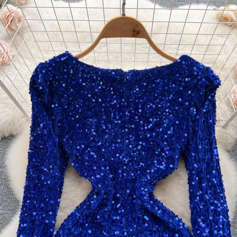 Winter Chic Sequin New One Piece Dress V-neck Long Sleeve Sexy Club Dresses Female Korean Fashion Vintage Evening Party Dress 2024