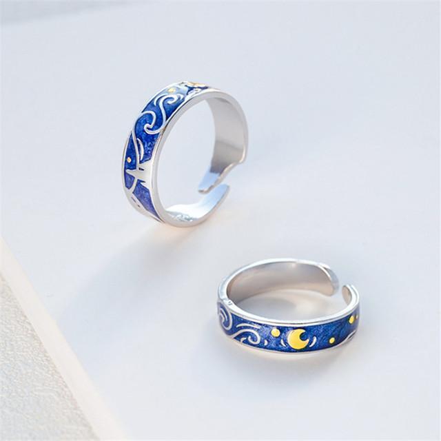 Anelli per Coppia Notte Stellata Van Gogh Anelli Luna Stella Prevenzione Allergie Gioielli d'Arte Anelli di Coppia Veri Per Donna Uomo Amanti Miglior Regalo