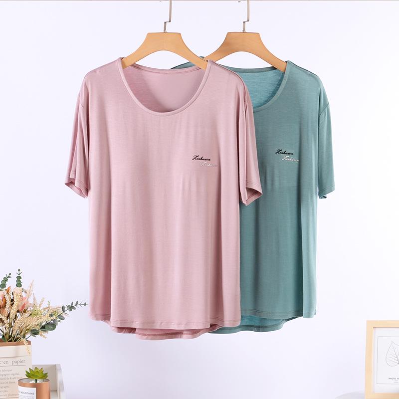 Damska bawełniana koszulka do spania z krótkim rękawem - Bez biustonosza, Zapobiegająca wybrzuszeniom, Letnia odzież domowa