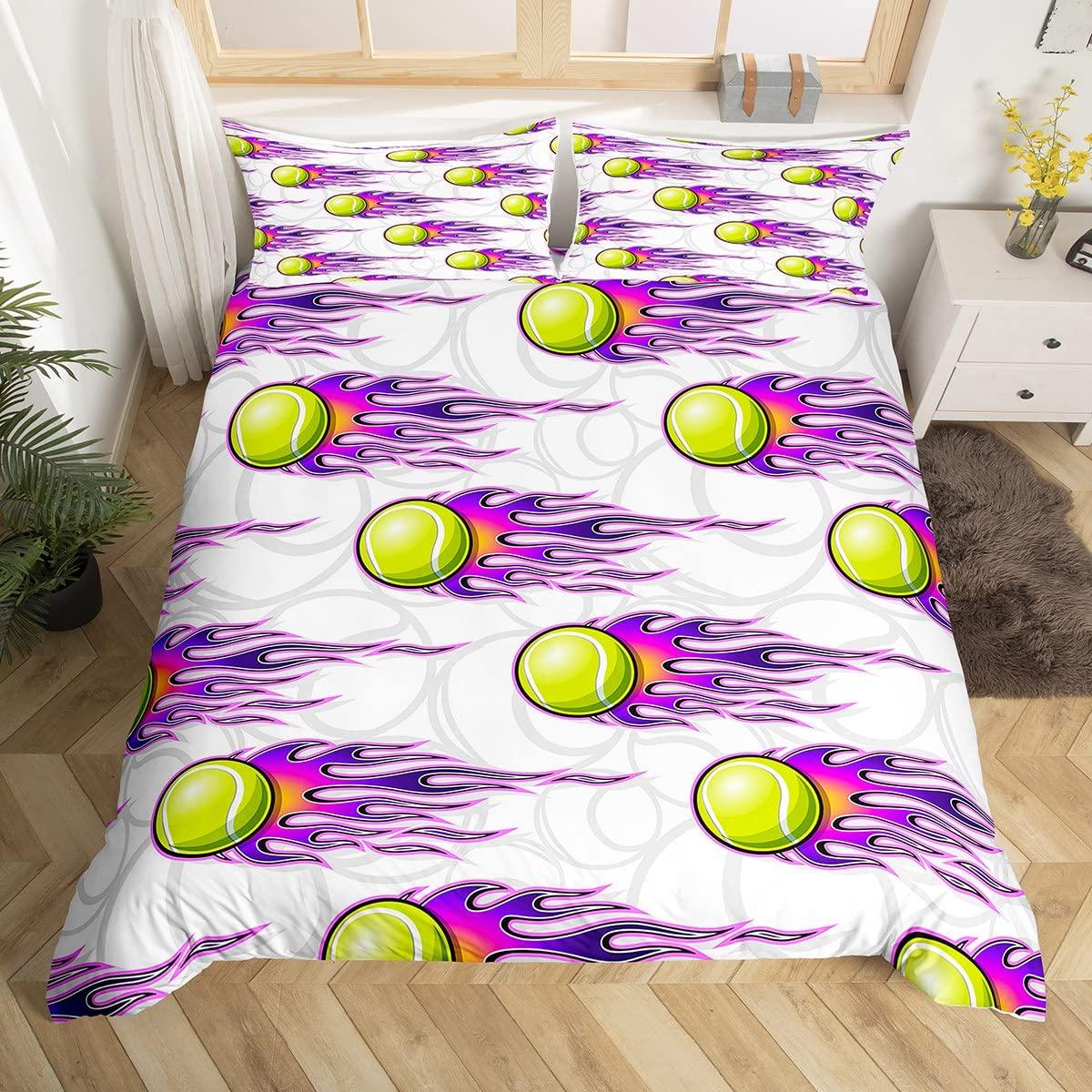 Housse de Couette Imprimée Court de Tennis, Housse de Couette Thème Jeux Sportifs pour Garçons, Ensemble de Literie Jaune Raquette de Tennis Équipement Sportif EU Single(135x200cm)