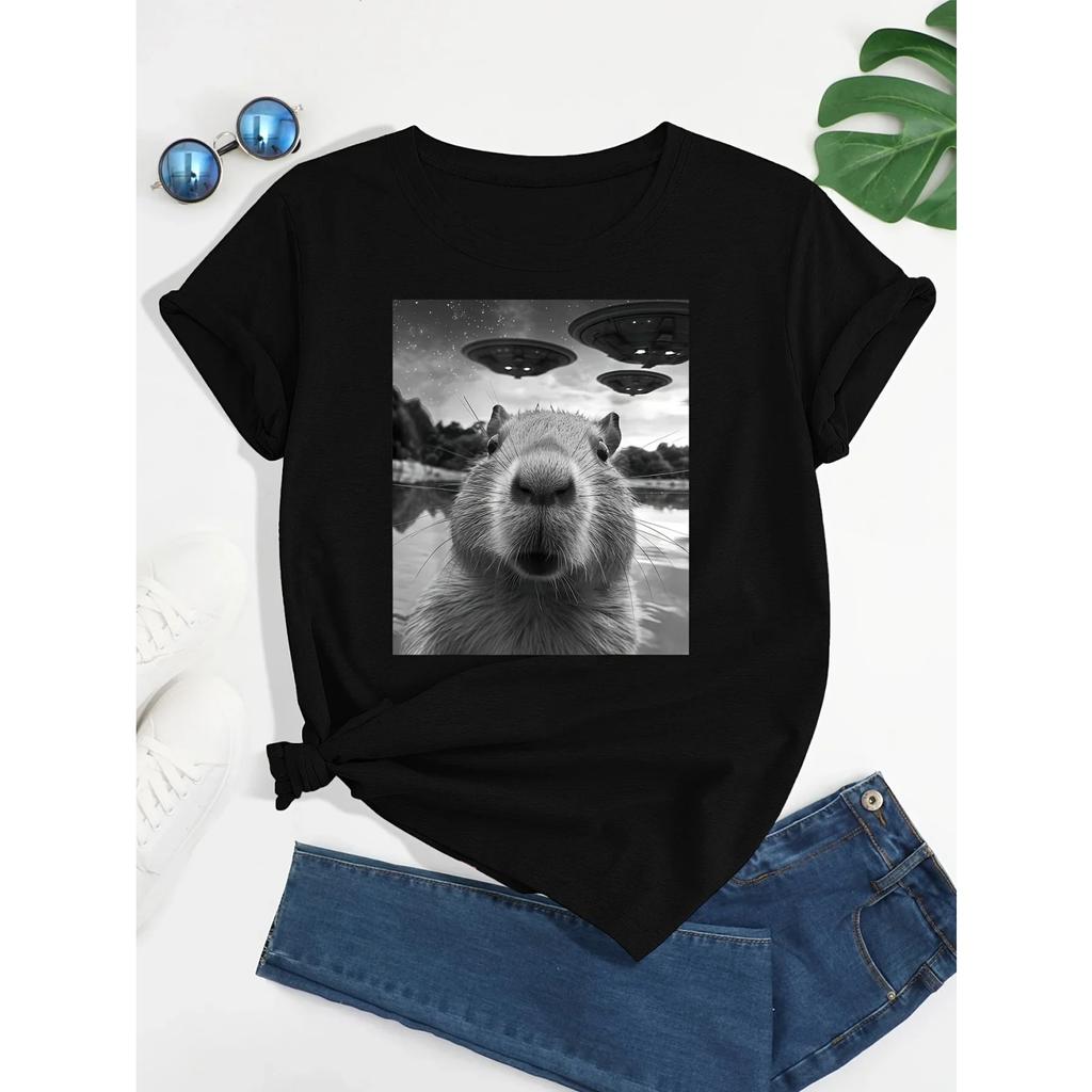 Capybara Print Crew Neck TShirt Casual Short Sleeve TShirt For Spring & Summer Womens Clothing