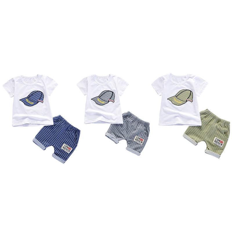 

Летний модный комплект одежды для мальчиков, милая шляпа с рисунком, футболка с короткими рукавами + шорты в клетку