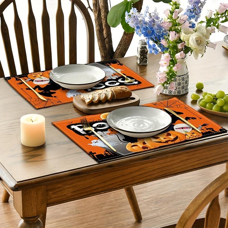 4/6pcs Trick Or Treat Kitchen Decor Linen Placemats, Ghost Pumpkin Spider Web Halloween Table Mats for Dining Table, Suitable for Daily Use, Holidays,