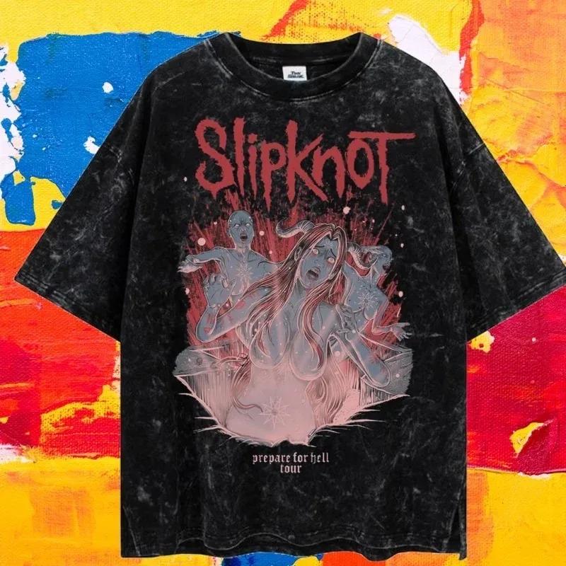 Vintage Washed Slipknot Album Poster Print T-Shirt, World Tour Merch, Unisex Harajuku Street Style Loose Women Men T-shirts