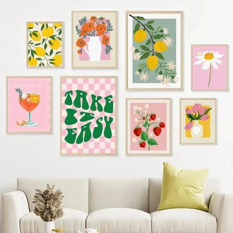 Abstract Fresh Lemon Strawberry Fruit Canvas Painting Daisy Vase Landscape Wall Art Poster Living Room Bedroom Home Decor