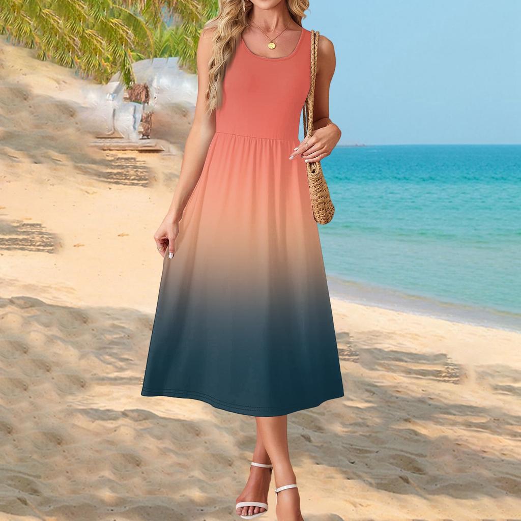 Fashionable women's summer dress with gradient print, elegant casual wear, beach vacation sun skirt with pocket