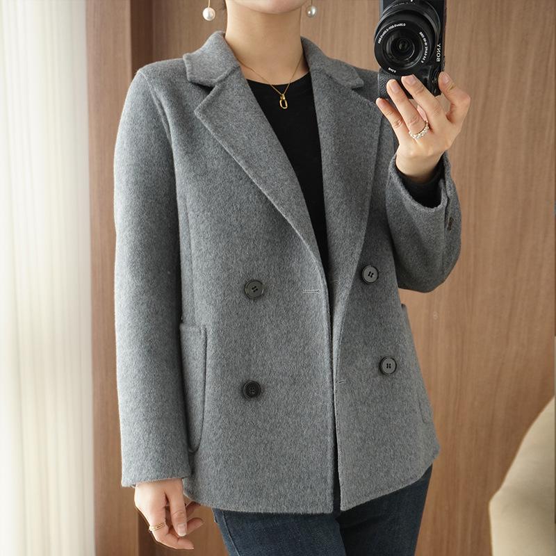Women's Petite Double-Breasted Wool Cashmere Coat - Autumn/Winter Suit Collar Overcoat