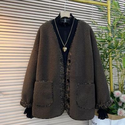 Casacos para Mulheres Jaqueta de Inverno Oversize Corta-vento de Veludo Espesso Casaco Leopardo Casual Solto Top