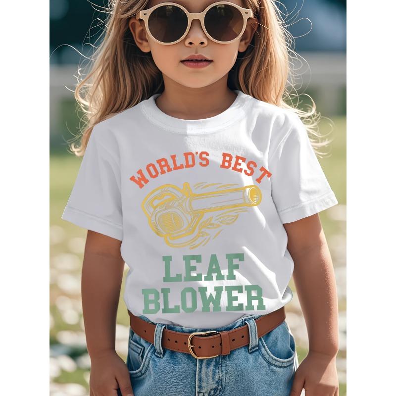 Children Crew Neck Short Sleeve T-Shirt with Lawn Mower & Autumn Leaves Print 110 белый
