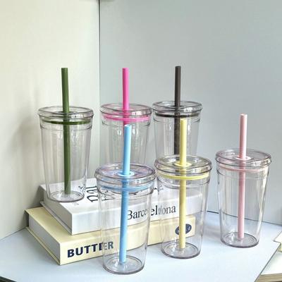 Transparenter Wasserbecher mit hochwertigem flachem Strohhalmbecher, Hitzebeständiger mehrfarbiger Kunststoff-Wasserbecher, Kaffeetasse