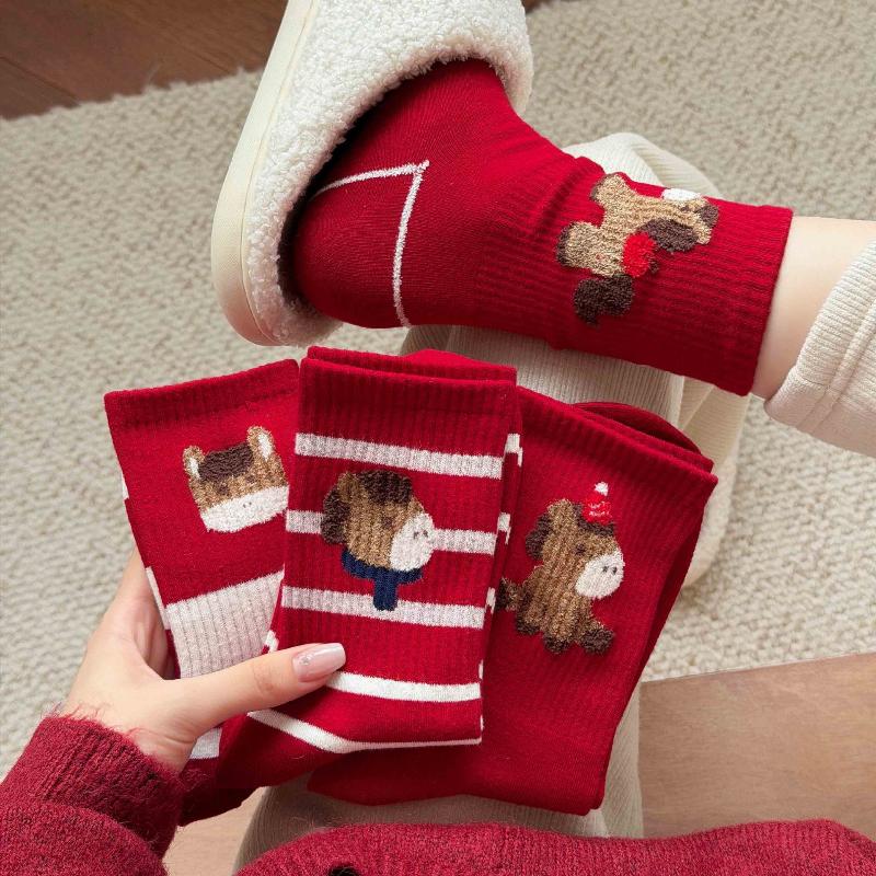 Red Color Women's Cotton Ankle Socks - Thick Soft Crew Socks For Cold Weather, Breathable & Warm