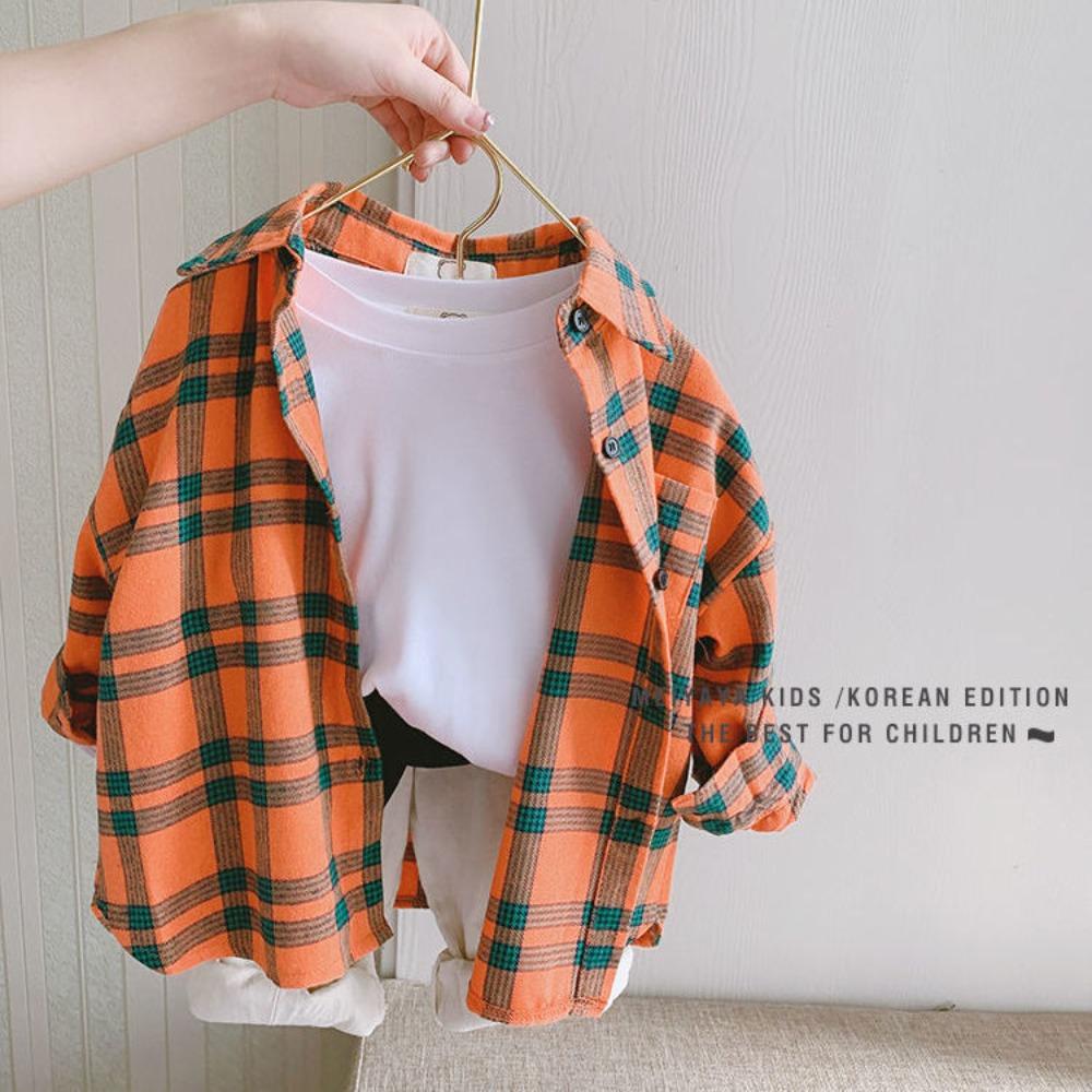 Boys Long Sleeve Plaid Shirt for Spring Autumn Korean Casual Top 90