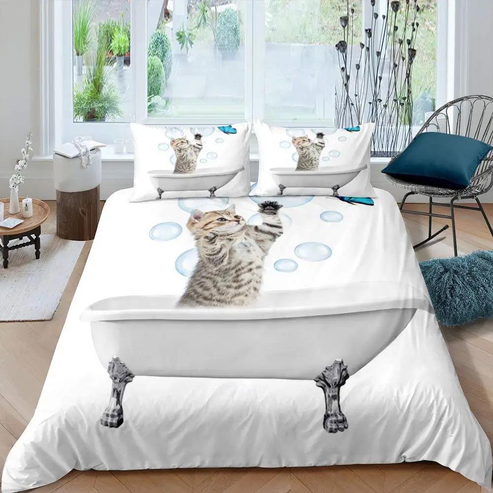 Cute Cat Colorful Butterfly Decor Duvet Cover for KidsTeens Boys Girls Animal Pet Theme Quilt Cover Fashion Bedroom Decorations