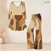 Women Plus Size V Neck Three Quarter Sleeve Plaid Printed Tunic Top Flared Pants Two Piece Set