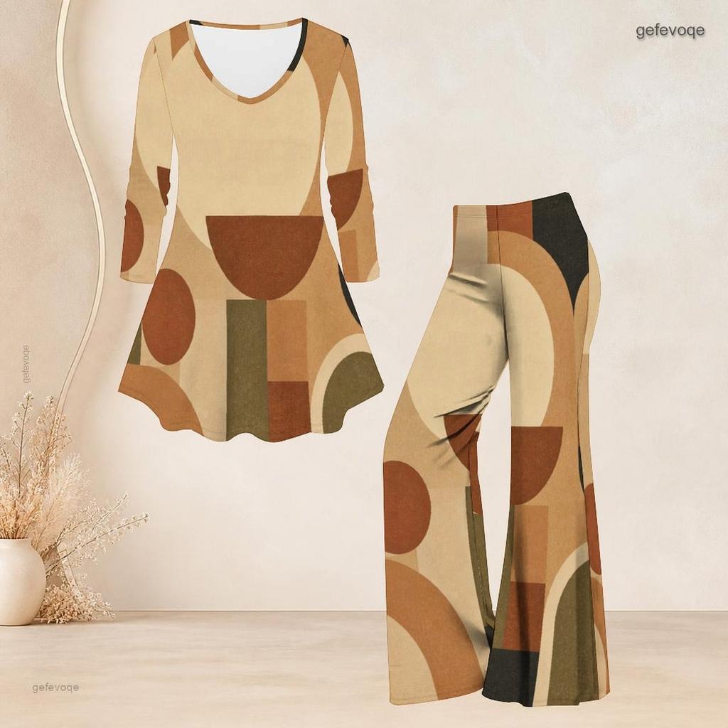 Women Plus Size V Neck Three Quarter Sleeve Plaid Printed Tunic Top Flared Pants Two Piece Set