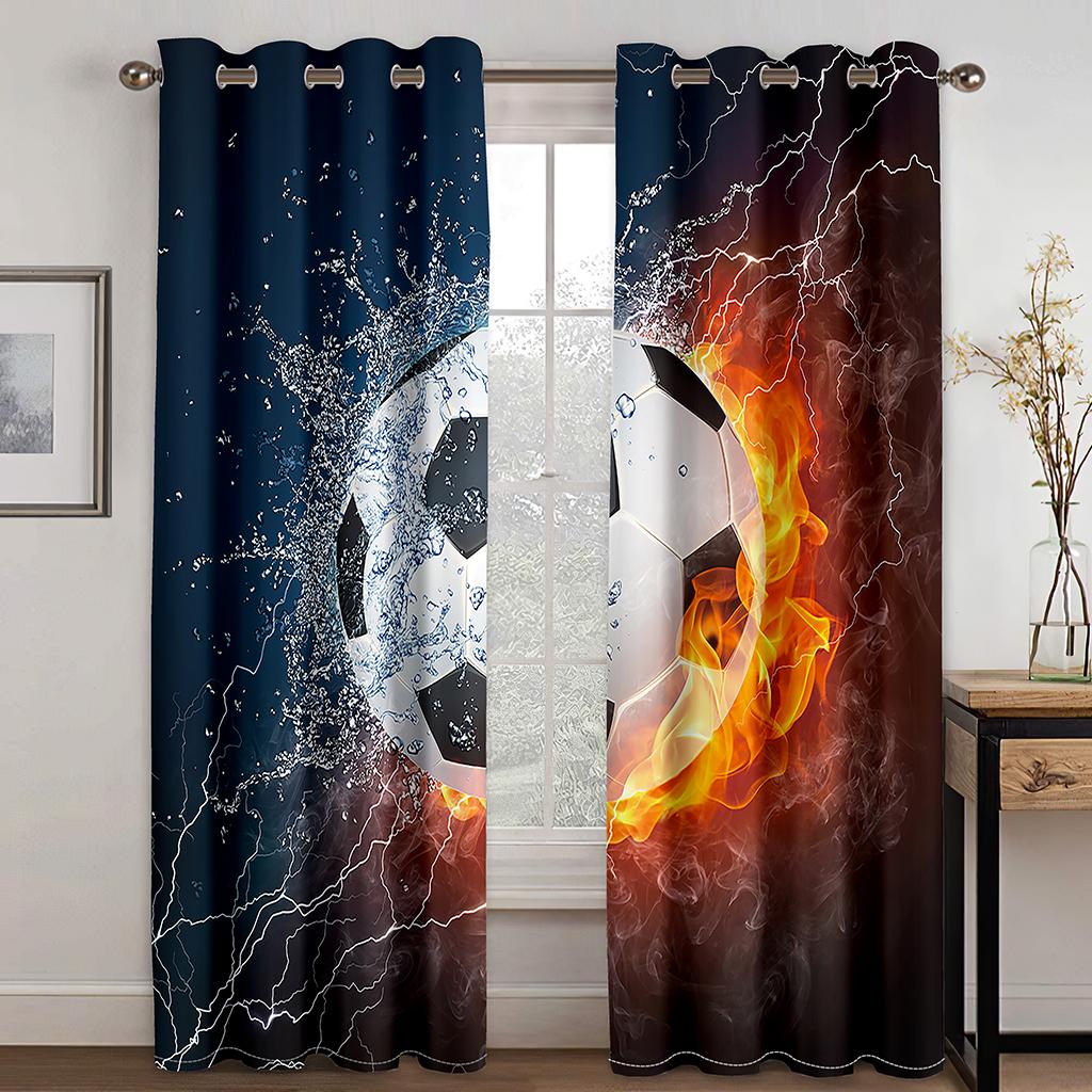 3D Fotbollsgardin Sportserie Barnrumsinredning Flamma Fotboll Passform Vardagsrum Sovrum Kök Balkong Fönsterdekor 2 st