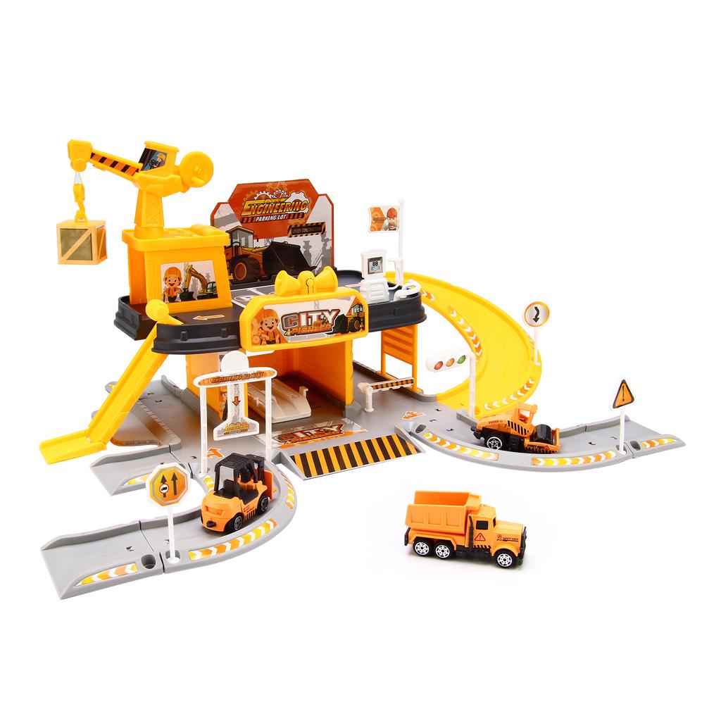 Garage Leksaksset Bil Fordon Byggnad Parkeringsplats Racerbana för Pojkar med Ljus Ljud 3 st Legeringsbil
