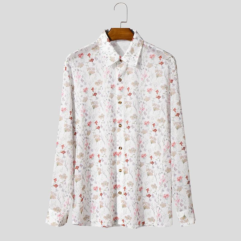 

INCERUN Mens Oversized Long Sleeve Button Down Hollow Out Floral Print Casual Loose Shirts L белый