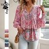 Women's Fashion Casual Spring Autumn Flower Pattern Print Long Sleeve V-Neck Blouses & Shirts