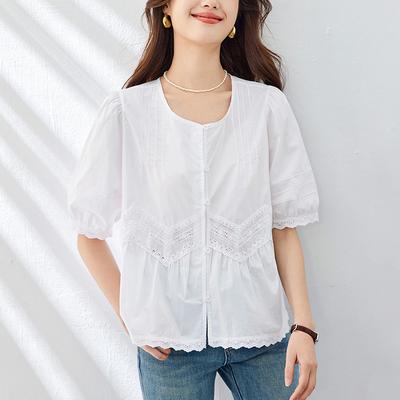 Lace Hollow Puff Sleeve Shirt for Women's Summer New Loose and Versatile V-neck Fashionable Baby Shirt