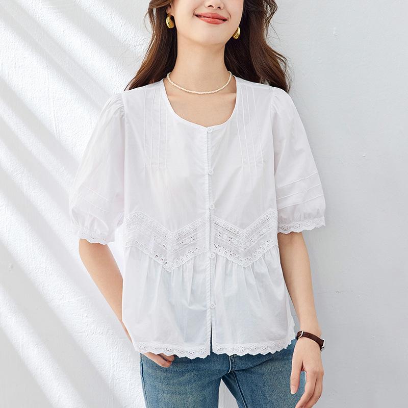 Spitzen-Häkel-Puffärmel-Top für Damen Sommer Neuestes Entspannter Schnitt und Vielseitig V-Ausschnitt Stilvoll Baby-Top